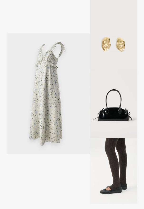Blomstret kjole i lys beige stof med grønne og blå mønstre, der har flæser på stropperne og et svajende, ankellangt design.; Ben iført mørke ribbede leggings kombineret med sorte balletsko med små sløjfedetaljer på hvid baggrund.; Lille sort blank håndtaske med to lange håndtag og snøre-detaljer i siden på en ensfarvet lys baggrund.; Par skinnende, ujævnt formede øreringe af guldmetal med en krøllet, glat overflade på en ensartet lys baggrund.