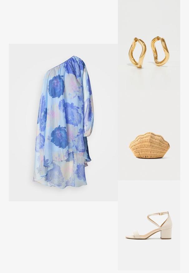 Blumenkleid mit einem schulterfreien Schnitt in Hellblau mit großen blauen Blumen. Weicher, transparenter Stoff fällt mit einem geschichteten Saum und langen Ärmeldetails.; Beige Blockabsatzsandalen mit einem minimalistischen Design, offener Zehenpartie und verstellbarem Knöchelriemen mit einer goldenen Schnallenakzentuierung. Glatte Textur.; Gewebte Rattan-Handtasche in Form einer Jakobsmuschel mit natürlicher hellbrauner Farbe und abgerundeten, strukturierten Kanten.; Goldfarbene Creolen mit einer kurvenreichen, unregelmäßigen Form und einer glatten, polierten Oberfläche. Keine sichtbaren Beschläge oder Accents.