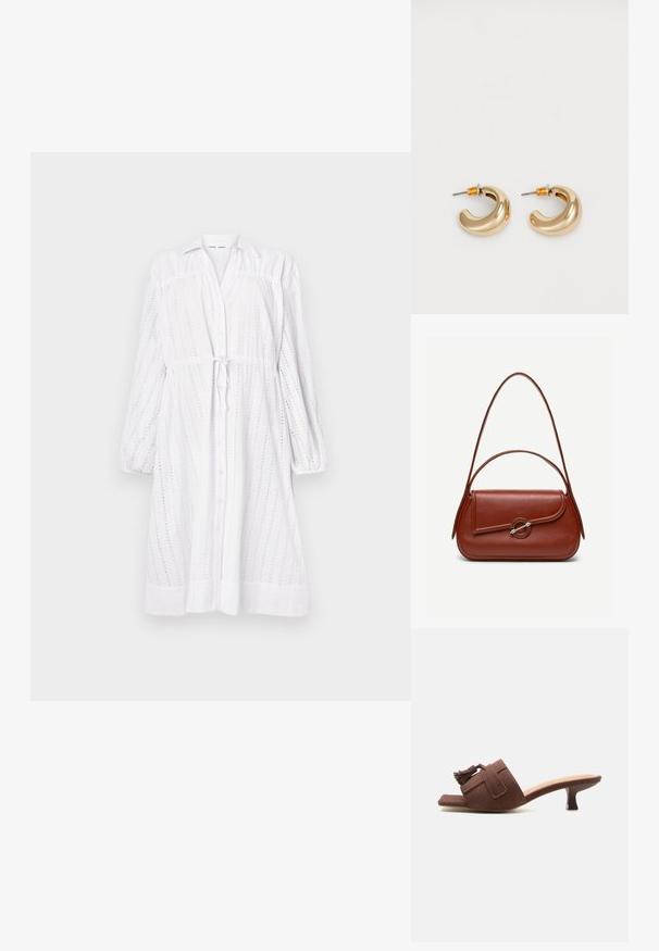 Robe blanche à manches longues avec un devant boutonné, une taille nouée, un motif œillet et des manches froncées. Texture douce avec une coupe décontractée.; Mule en daim marron avec talon kitten de hauteur moyenne, bout carré, et détail de pompon sur la large sangle traversant le pied.; Sac à bandoulière en cuir marron de forme rectangulaire arrondie, rabat asymétrique, fermoir circulaire argenté et deux fines bretelles.; Deux boucles d'oreilles en forme de cerceau en or brillant, avec un design courbé, présentant des accents orange près de la tige, sur fond blanc uni.