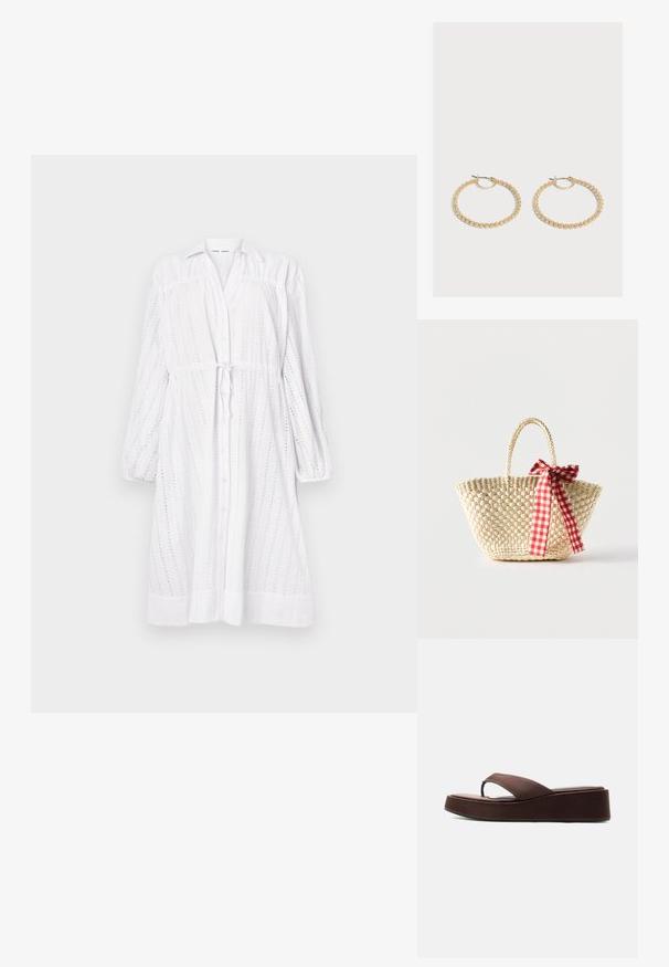 Witte lange mouwen jurk met een knoopsluiting aan de voorkant, strik taille, oogjespatroon en gathered mouwen. Zachte textuur met een ontspannen pasvorm.; Bruine platformflipflops met dikke zool en brede band over de tenen op een effen witte achtergrond.; Gevlochten strooien tas met gevlochten handvatten en een rood-wit geruit lint dat aan één zijde in een strik is gebonden.; Een paar middelgrote gouden oorringen met een getextureerd, kralenontwerp op een effen lichte achtergrond.