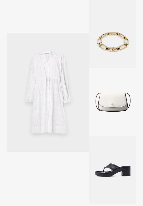 Vestido blanco de manga larga con botones en la parte delantera, cintura con lazo, diseño de ojales y mangas fruncidas. Textura suave con un corte relajado.; Sandalia negra con tacón de aguja grueso y tira ancha de malla sobre el pie, sobre un fondo claro y uniforme.; Bolso bandolera blanco con cierre de solapa, pequeño logo plateado "cK" centrado y correa ajustable delgada de color marrón oscuro.; Pulsera de metal dorado con grandes eslabones de cadena entrelazados. Presenta un acento central con un logo grabado, textura suave y un acabado pulido.