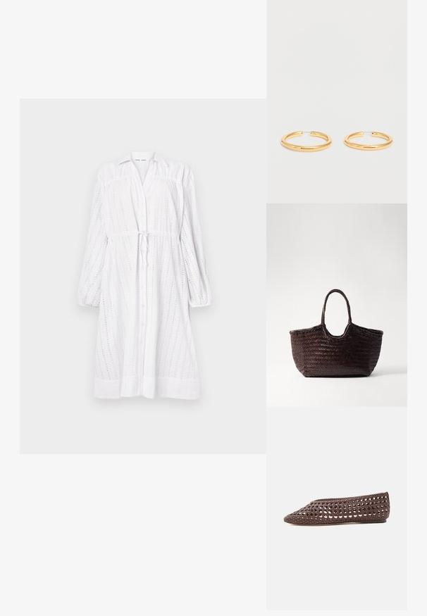 Vestido blanco de manga larga con botones en la parte delantera, cintura con lazo, diseño de ojales y mangas fruncidas. Textura suave con un corte relajado.; Zapato plano marrón con diseño de trabajo abierto tejido y puntera redondeada cerrada, mostrado de lado sobre un fondo claro.; Bolso tote tejido en marrón con un diseño redondeado en la parte superior y dos asas. Presenta un patrón texturizado con una estructura amplia y abierta para un fácil acceso.; Par de pendientes de aro dorados brillantes con cierres de alambre fino sobre un fondo blanco liso.