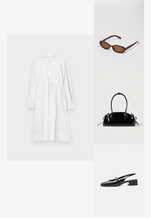 Vestido blanco de manga larga con botones en la parte delantera, cintura con lazo, diseño de ojales y mangas fruncidas. Textura suave con un corte relajado.; Zapato slingback de charol negro con tacón bajo y grueso y una fina correa con hebilla de plata en la parte superior.; Gafas de sol redondas con tinte marrón y un marco burdeos brillante. Patillas delgadas con un sutil detalle de marca. Diseño de lentes planos.; Pequeño bolso negro brillante con dos asas largas y detalles de cordón lateral sobre un fondo claro liso.