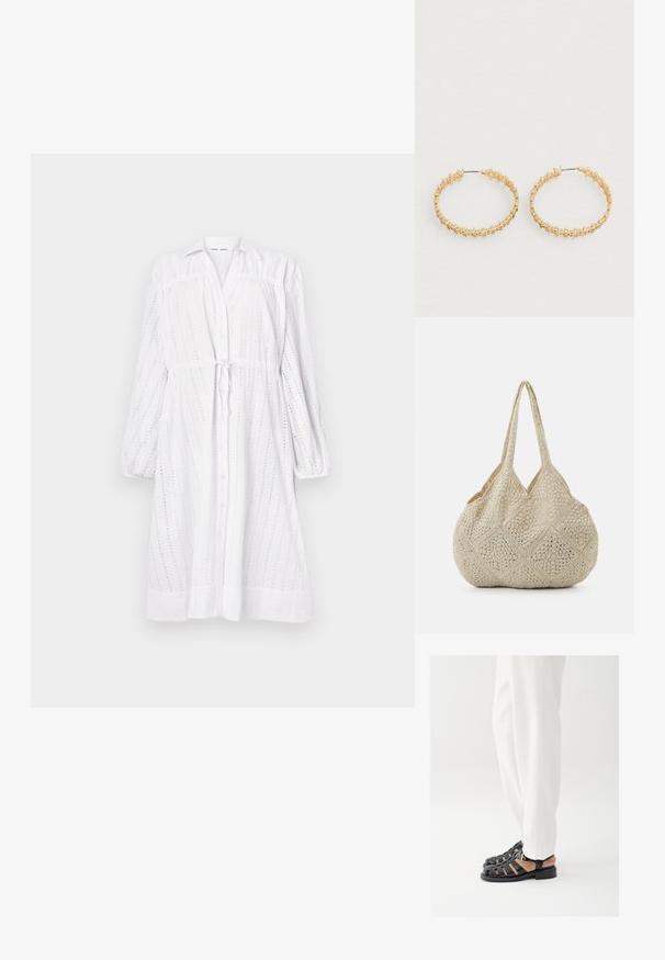 Vestido blanco de manga larga con botones en la parte delantera, cintura con lazo, diseño de ojales y mangas fruncidas. Textura suave con un corte relajado.; Persona con pantalones blancos y sandalias negras de cuero con punta abierta y hebilla, de pie sobre un fondo blanco.; Even&Odd Bolso shopping - off-white; Pendientes de aro de oro con un diseño texturizado y pequeñas cuentas redondas a lo largo del borde exterior. Ligeros y con un cierre seguro.