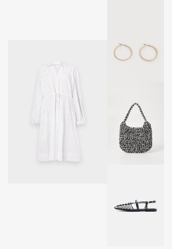 Vestido blanco de manga larga con botones en la parte delantera, cintura con lazo, diseño de ojales y mangas fruncidas. Textura suave con un corte relajado.; Sandalia plana negra con múltiples tiras delgadas, correa con hebilla en el tobillo y diseño de jaula con punta abierta sobre fondo blanco.; Bolso de mano tejido en blanco y negro con forma redondeada, superficie texturizada y asa trenzada. Adecuado para uso casual.; Par de pendientes de aro de tamaño mediano con tono dorado y cierre de bisagra sobre un fondo claro y liso.