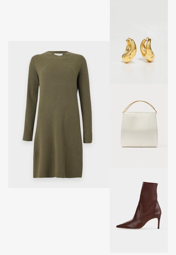 CLOSED CREW NECK DRESS LONG SLEEVE - Kampsunkleit - forest green; Tumepruun nahast pahkluu saabas terava ninaga ja õhukese kõrge kontsaga lihtsa heleda tausta ees.; Struktureeritud käekott satiinpinnaga, kreemikas värv, lühem kett-õlarihmaga. Omab ühtlast, siledat tekstuuri ja puhtaid õmblusi.; Kuldne rõngastüüpi kõrvarõngad sujuva, kõverdatud kujuga ja läikiva viimistlusega. Omavad sulgemismehhanismi ja väikeseid süvendusi detailideks.