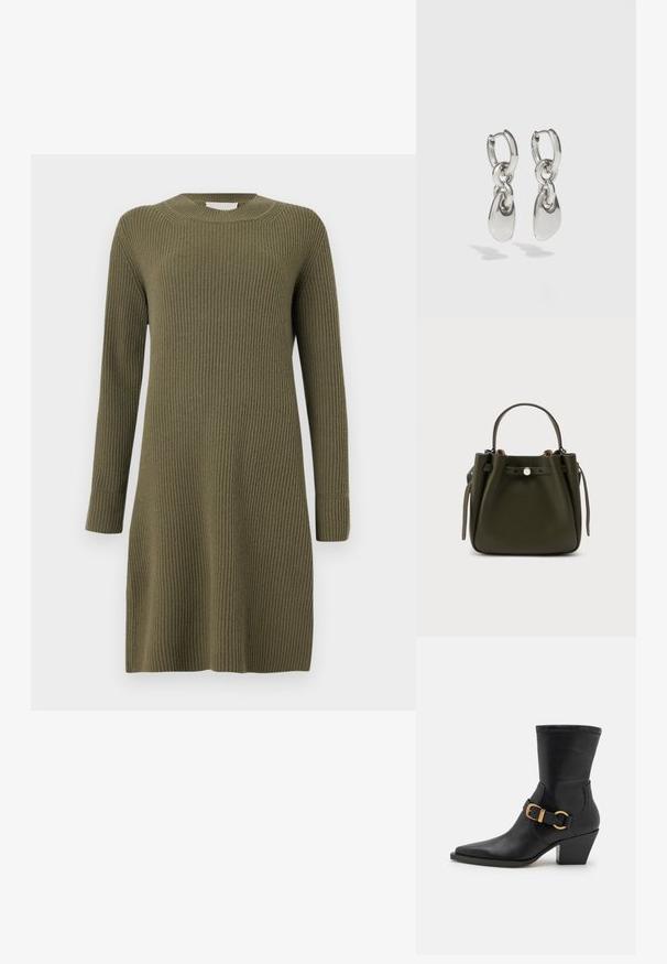 CLOSED CREW NECK DRESS LONG SLEEVE - Gebreide jurk - forest green; Zwarte leren enkelboot met een spitse neus en een gestructureerde band met een gouden gesp. De hak is blokvormig en van gemiddelde hoogte.; Donkergroene leren handtas met een enkele bovenste handgreep, geplooide zijkanten en een voorste riem met zilveren knoopsluiting, afgebeeld tegen een effen achtergrond.; Zilveren hoepel oorbellen met langwerpige ovale schakels, met een gepolijste afwerking en een gestructureerde hanger. Eenvoudig ontwerp met gladde randen.