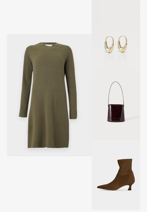 CLOSED CREW NECK DRESS LONG SLEEVE - Strickkleid - forest green; Brauner Knöchelstiefel mit spitzer Zehenpartie und niedrigem Kittenabsatz, hergestellt aus glattem Material, vor einem schlichten Hintergrund präsentiert.; Dunkelbraune glänzende Eimer-Handtasche mit langem dünnem Riemen und minimal sichtbarer Naht auf hellem Hintergrund.; Goldene Creolen mit einer gebogenen, röhrenförmigen Form. Glatte, glänzende Oberfläche mit nahtlosem Schließmechanismus. Einfaches und elegantes Design.