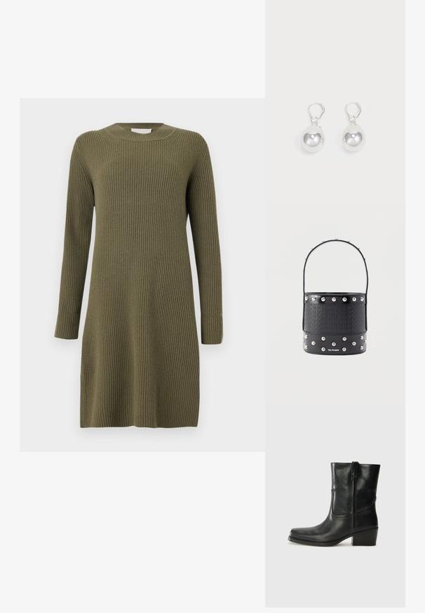 CLOSED CREW NECK DRESS LONG SLEEVE - Kampsunkleit - forest green; Musta nahast pahkluu saabas ümarate varvastega, plokknäppu, külgsepa ja pealsetel õmblusest aktsentidega. Sile tekstuur, klassikaline disain.; Mustast kotti tekstuuriga, hõbedaste naelakujuliste detailide ja õhukese sangaga. Esiküljel on brändi logo ja alumine osa on sileda nahaga.; Hõbedased langenud kõrvarõngad, millel on siledad, ümmargused, peegeldavad pinnad, mis ripuvad klamberkinnituselt. Taust on lihtne valge.