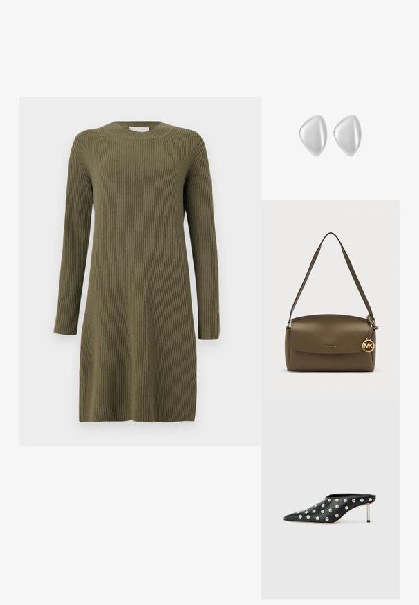 CLOSED CREW NECK DRESS LONG SLEEVE - Gebreide jurk - forest green; STAND STUDIO KELSEY - Muiltjes met hak - black; Olijfgroene leren schoudertas met klepsluiting en gouden Michael Kors logo hanger die aan de band hangt.; Gladde, onregelmatig gevormde zilveren oorstekers met een zachte matte afwerking, getoond tegen een effen witte achtergrond.