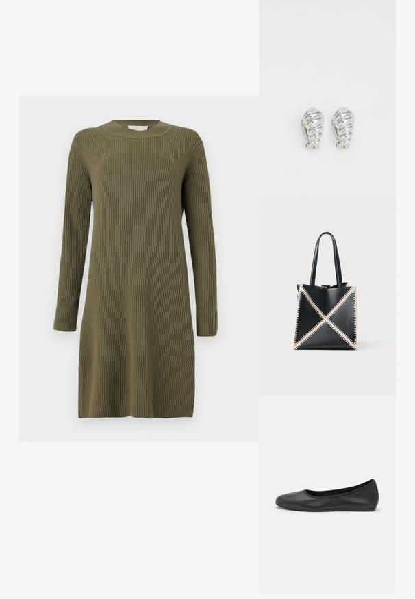CLOSED CREW NECK DRESS LONG SLEEVE - Strikkjoler - forest green; Sort læderballetsko med rund tå, glat tekstur, minimal syning og et fleksibelt såldesign.; Sort læder tote taske med cremefarvet syning, der skaber et X-mønster. Har to sorte håndtag og en uformet form.; Sølv clip-on øreringe med spiralmønster, der har en glat metallisk tekstur og runde former. Ingen synlige udsmykninger eller mønstre.