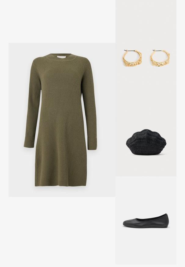 CLOSED CREW NECK DRESS LONG SLEEVE - Gebreide jurk - forest green; Zwarte leren ballerina met een ronde neus, gladde textuur, minimale stikdetails en een flexibele zoolontwerp.; Zwarte gevlochten handtas in de vorm van een sint-jakobsschelp met een gebogen bovenkant en een geweven textuur op een effen achtergrond.; Set gouden creolen met sierlijke bloem- en bladreliëf op een neutrale achtergrond.