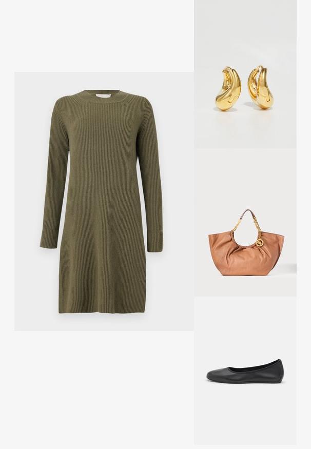 CLOSED CREW NECK DRESS LONG SLEEVE - Kampsunkleit - forest green; Musthave mustika tantsutossud mustast nahast, ümmarguse varbaga, siledast tekstuurist, minimaalse õmblusdetailiga ja paindliku tallakujundusega.; Pruun nahast käekott voltide ja kuldsete keti käepidemetega ning ümmarguse kuldse logokujundusega ripatsiga, mis ripub käepideme kinnituse lähedal.; Kuldne rõngastüüpi kõrvarõngad sujuva, kõverdatud kujuga ja läikiva viimistlusega. Omavad sulgemismehhanismi ja väikeseid süvendusi detailideks.