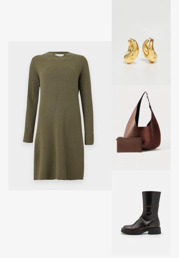 CLOSED CREW NECK DRESS LONG SLEEVE - Gebreide jurk - forest green; MIISTA DAHLIA - Plateaulaarzen - brown; Bruine leren en suède hobo-tas met bijpassend rechthoekig ritstasje tegen een neutrale achtergrond.; Gouden oorringen met een gladde, gebogen vorm en gepolijste afwerking. Bevat een sluitmechanisme en lichte inkepingen voor detail.