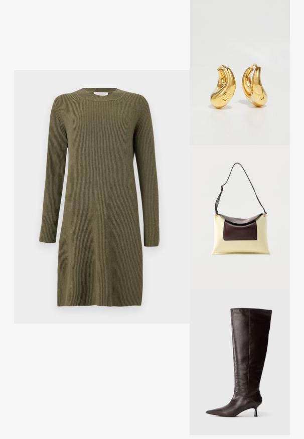 CLOSED CREW NECK DRESS LONG SLEEVE - Strikkjoler - forest green; Brune læderknæ-høje støvler med spids tå og slank hæl. Glat tekstur og strømlinet design med en minimalistisk silhuet.; Skuldertaske i cremefarvet og mørkebrun læder med buet klap og justerbar sort rem mod hvid baggrund.; Guldringeøreringe med en glat, buet form og poleret overflade. Udstyret med en lukkeanordning og lette fordybninger for detaljer.