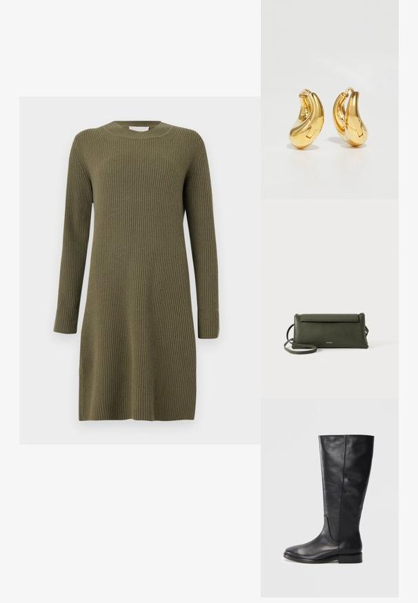 CLOSED CREW NECK DRESS LONG SLEEVE - Vestido de punto - forest green; Bota de cuero negra hasta la rodilla con un tacón bajo y punta redondeada, mostrando detalles de costura a lo largo del eje y el empeine.; Bolso cruzado de cuero texturizado en verde oscuro con cierre de solapa y correa delgada ajustable, grabado con el pequeño logo dorado "Bee Projects".; Pendientes de aro de oro con forma curva y suave, y acabado pulido. Presentan un mecanismo de cierre y ligeras indentaciones para un toque de detalle.