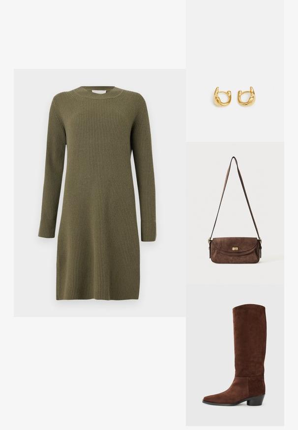 CLOSED CREW NECK DRESS LONG SLEEVE - Kampsunkleit - forest green; Pruun nahast kuni põlve ulatuv saabas, ruudukujulise varbaga, tekstuurse pinnaga ja madala blokknööriga. Lihtne disain ilma nähtavate riistade või aksessuaarideta.; Pruun seemisnahast õlakott pika reguleeritava rihmaga ja kuldse keeresulgu lukuga esi klapi peal.; Kuldsete rõngaste kõrvarõngad, millel on sile, ümar disain ja poleeritud pind. Kõrvarõngad on kompaktsed, suurte vormide ja sujuva klambriga.