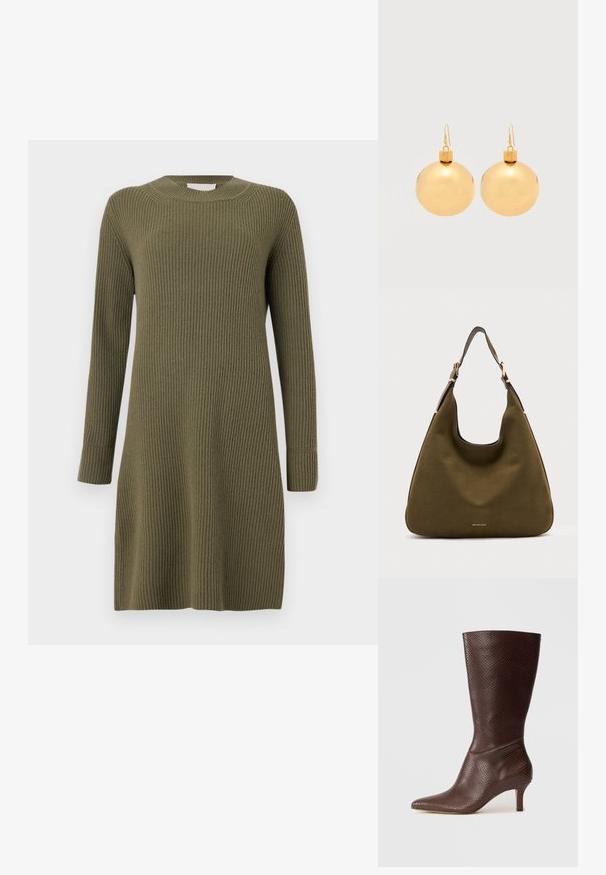 CLOSED CREW NECK DRESS LONG SLEEVE - Strikkjoler - forest green; Brune faux læder ankelstøvle med spids tå, tekstureret slangeprint og en 5 cm hæl, der har et slankt og strømlinet design.; Olivengrøn skuldertaske i læder med guldfarvet hardware og justerbar rem, Michael Kors-logo midt foran.; Par af skinnende gyldne julekugleøreringe med krog-lukninger på en ensfarvet hvid baggrund.