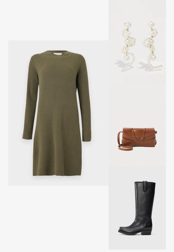 CLOSED CREW NECK DRESS LONG SLEEVE - Kampsunkleit - forest green; Must mustekonnad, mille nahk on must, ulatub keskmise sääreni, dekoratiivse palmiku äärega ülemises servas ja esiseamile, madala, massiivse kontsaga ja ümmarguse ruudukujulise varbaga.; Pruun nahast käekott, millel on sujuv disain, struktureeritud klapp, silmapaistev lukustus ja reguleeritav rihm mitmekesisuse jaoks.; Valged pärl kõrvarõngad, millel on keerduv disain, sisaldades erineva suurusega pärleid ja kuldseid aktsente. Sile tekstuur ja elegantne kuju.
