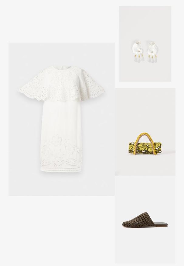 Hvid kjole med en design med scallopede ærmer, blomsterbroderi og udskæring ved kanten. Enkel, elegant form.; Brun vævet slip-on mule med flad sål og lukket rundet tå på hvid baggrund.; Rektangulær taske med gult og sort blomsterprint og flettet gul og pink hank på hvid baggrund.; Gennemsigtige øreringe i skalform af harpiks med små gyldne accenter og tre hængende gennemsigtige dråbeformede charms på hver ørering.