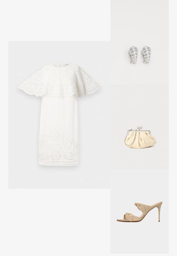 Weißes Kleid mit einem schalenförmigen Kappärmel-Design, floralen Stickereien und Ausschnitten am Saum. Schlichte, elegante Form.; Beige offene High-Heel-Pantoffel mit zwei verdrehten Knotenriemen und einem schlanken Stiletto-Absatz vor weißem Hintergrund.; Faltige beigefarbene Ledertasche mit einem silbernen Metallrahmen, ausgestattet mit zwei runden dekorativen Verschlüssen und einem silbernen Kettenriemen.; Silberne Clip-On-Ohringe mit spiralförmigem Design, das eine glatte metallische Textur und abgerundete Formen aufweist. Keine sichtbaren Verzierungen oder Muster.