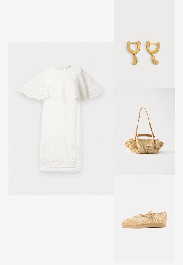 Hvid kjole med en design med scallopede ærmer, blomsterbroderi og udskæring ved kanten. Enkel, elegant form.; Beige vævet flad sko med lukket tå, justerbar spænde rem og lav sål på hvid baggrund.; Vævet beige håndtaske med en lang tynd strop og opsamlede sider, med et kort håndtag indpakket i læder til forskellige bære muligheder.; Et par små øreringe i guldfarve med uregelmæssigt bønneformede vedhæng, der hænger fra hver hoop på en neutral baggrund.