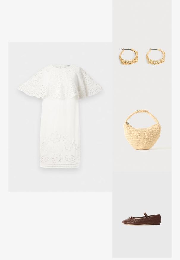 Witte jurk met een ontwerp van geschulpte kapmouwen, bloemenborduursel en uitsnijdingen langs de zoom. Eenvoudige, elegante vorm.; Bruine geweven leren balletschoenen met een ronde neus, kleine strikaccent en een elastische band om de enkel voor een veilige pasvorm.; Beige geweven handtas met afgerond lichaam, ritssluiting en een korte, dikke band in een eenvoudige, gestructureerde haakstijl.; Set gouden creolen met sierlijke bloem- en bladreliëf op een neutrale achtergrond.
