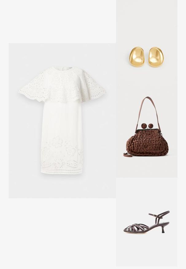 Hvid kjole med en design med scallopede ærmer, blomsterbroderi og udskæring ved kanten. Enkel, elegant form.; Mørkebrun læder sandal med smalle remme, kitten heel og justerbar ankelrem med spænde på hvid baggrund.; Brun flettet læderhåndtaske med en enkelt strop og to store runde trælukninger på toppen.; Guldfarvede stud øreringe med en glat, rund form og en reflekterende overflade, der fremhæver et minimalistisk design uden synlige mønstre.