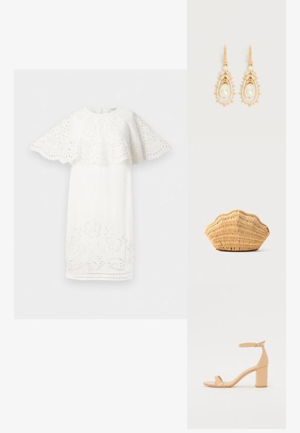 Witte jurk met een ontwerp van geschulpte kapmouwen, bloemenborduursel en uitsnijdingen langs de zoom. Eenvoudige, elegante vorm.; Nude patenten leren heeled sandalen met een vierkante neus, enkelbandje en een stevige blokhak. Gladde textuur en minimalistische ontwerpelementen.; Geweven rotan handtas in de vorm van een sint-jakobsschelp met natuurlijke lichtbruine kleur en afgeronde, gestructureerde randen.; Oorbellen met goudkleurige druppels, voorzien van druppelvormige kunstparels, omringd door kleine heldere kristallen en kristalaccenten in de vorm van bladeren.