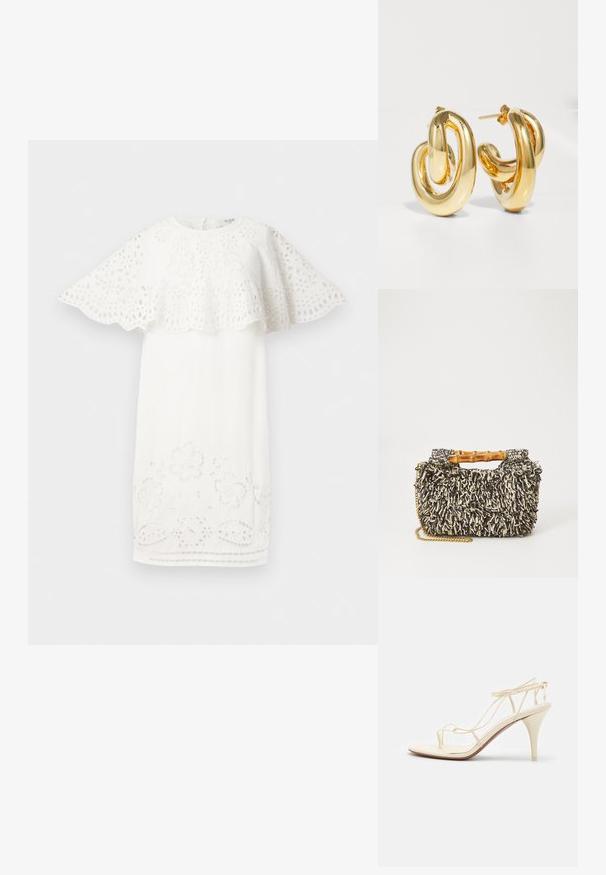 Valge kleit, millel on laineline õlavarre disain, lilleline tikand ja lõikeavad hemme ääres. Lihtne, elegantne kuju.; NEOUS GIENA - Kõrge kontsaga sandaalid - cream; Kootud kott, millel on tekstuuriga must ja kreemikas mustrit, bambusest käepide ja eemaldatav kuldne ketitrahm. Kompaktne ristkülikukujuline kuju.; Charlotte Chesnais BO INITIAL BLOW - Kõrvarõngad - gold-coloured