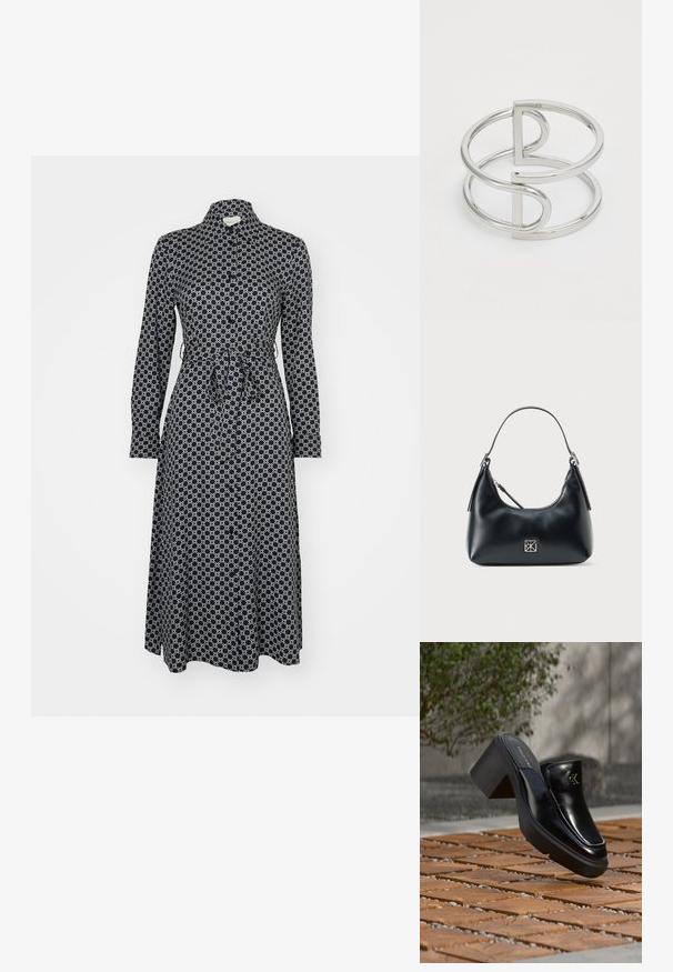 Vestido navy con un patrón geométrico blanco, de mangas largas, con cierre de botones en el frente y detalle de lazo en la cintura, que llega hasta la mitad de la pantorrilla. Textura de tela suave.; Mule tipo slip-on de cuero negro de Calvin Klein con tacón de bloque descansando sobre baldosas de madera al aire libre cerca de una planta verde y una pared gris.; Bolso de hombro de cuero negro con un solo asa, cierre de cremallera y un pequeño logo cuadrado plateado en la parte delantera.; Brazalete de metal plateado con un diseño de doble lazo, acabado liso y brillante, y un acento geométrico minimalista.