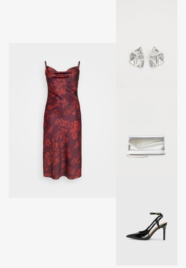 Rotes Blumenmuster-Slipkleid aus Satin, mit dünnen Trägern, einem schulterfreien Ausschnitt und einer taillierten Silhouette. Glatte Textur mit einem mittellangen Schnitt.; Schwarze Patentleder-High-Heel-Slingback-Pumps mit spitzem Zeh, verstellbarem Knöchelriemen und offenen Seiten. Glatte Textur.; Glänzende silberne Clutch mit Umschlagklappe und dekorativem Besatz, kleiner silberner Kettenriemen, auf einfachem hellem Hintergrund.; Silberne Metallohrringe mit einem wellenförmigen, skulpturalen Design, das eine polierte Oberfläche und unregelmäßige Formen aufweist, die eine zeitgenössische Ästhetik betonen.
