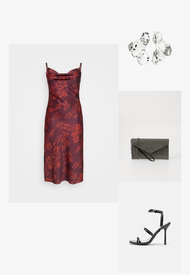 Rode bloemenprint slipdress van satijnen stof, met dunne schouderbandjes, een kraag met een soepel vallende halslijn en een aansluitende pasvorm. Gladde textuur met een middenlengte. ; Zwarte gepatineerde leren hoge hak sandalen met drie horizontale banden en een verstelbare enkelband. Slanke silhouette en glanzende afwerking.; Metaalgrijze clutch met een gemetalliseerd meshpatroon, envelopontwerp, kettingschouderband en een slanke, dunne polsband.; Cluster van zes onregelmatig gevormde, doorschijnende en reflecterende glasachtige stukken die zijn gerangschikt op een witte achtergrond.