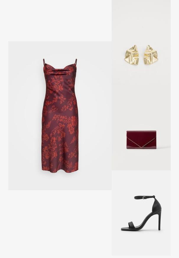 Rode bloemenprint slipdress van satijnen stof, met dunne schouderbandjes, een kraag met een soepel vallende halslijn en een aansluitende pasvorm. Gladde textuur met een middenlengte. ; Zwarte sandalen met hoge hakken, met een slank ontwerp, voorzien van een enkelbandje, open teen en een gladde leren textuur.; Glanzende donkerrode clutchtas in envelopstijl met gouden bies langs de flaprand op een effen lichte achtergrond.; Gouden metallic oorbellen met een golvend ontwerp; glad, weerspiegelend oppervlak; asymmetrische vorm; geen zichtbare patronen of hardware.