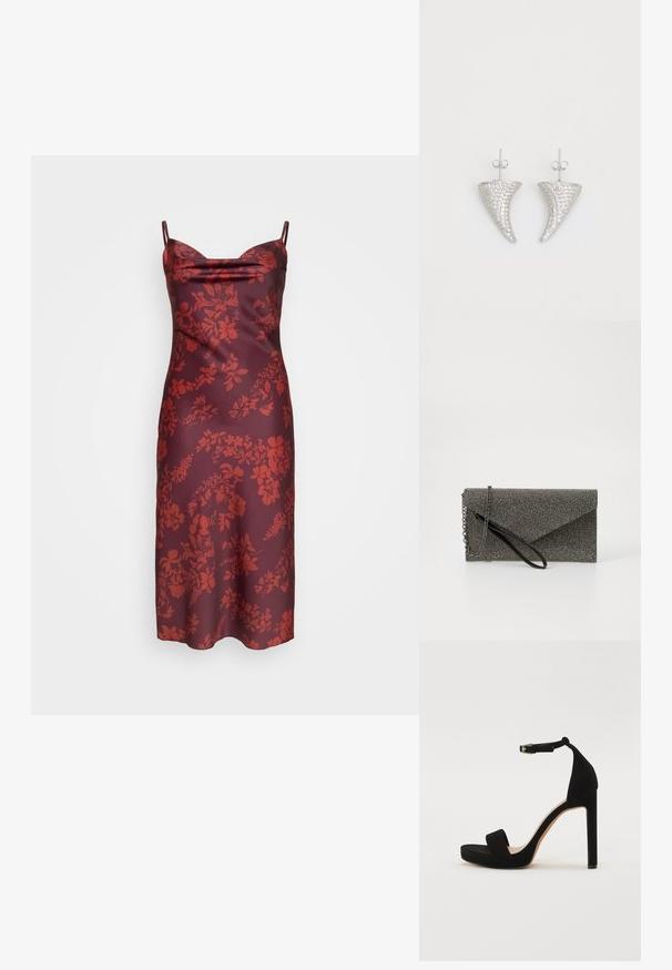 Rotes Blumenmuster-Slipkleid aus Satin, mit dünnen Trägern, einem schulterfreien Ausschnitt und einer taillierten Silhouette. Glatte Textur mit einem mittellangen Schnitt.; Schwarze Wildleder-Peeptoe-Pumps mit einem breiten Vorderstriemen, einem Knöchelriemen und einer Plateau-Sohle. Der Absatz ist gerade und strukturiert.; Metallisch graue Clutch-Tasche mit strukturiertem Mesh-Muster, Kuvert-Design, Kettenriemen und einem eleganten, dünnen Handgelenkriemen.; Silberne, hornförmige Ohrringe, besetzt mit kleinen klaren Steinen, mit einem Steckverschluss zur Befestigung. Glatte Textur und metallisches Finish.