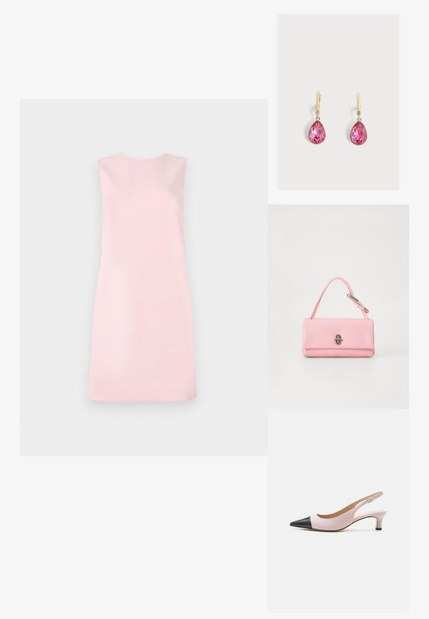 Ærmeløs kjole i blødt pink stof, der har en enkel A-formet pasform, rund halsudskæring og en glat tekstur uden mønstre eller udsmykninger.; Tofarvet beige og sort slingback sandal med kitten heel, spids tå og lille guldbeklædt spænde på hvid baggrund.; Lyserød læderhåndtaske med en struktureret rektangulær form, et enkelt kort håndtag og en sølvfarvet lukke detalje på fronten.; Gyldne kroge øreringe med store dråbeformede rosa ædelsten og små runde klare sten over dråberne på en ensfarvet baggrund.