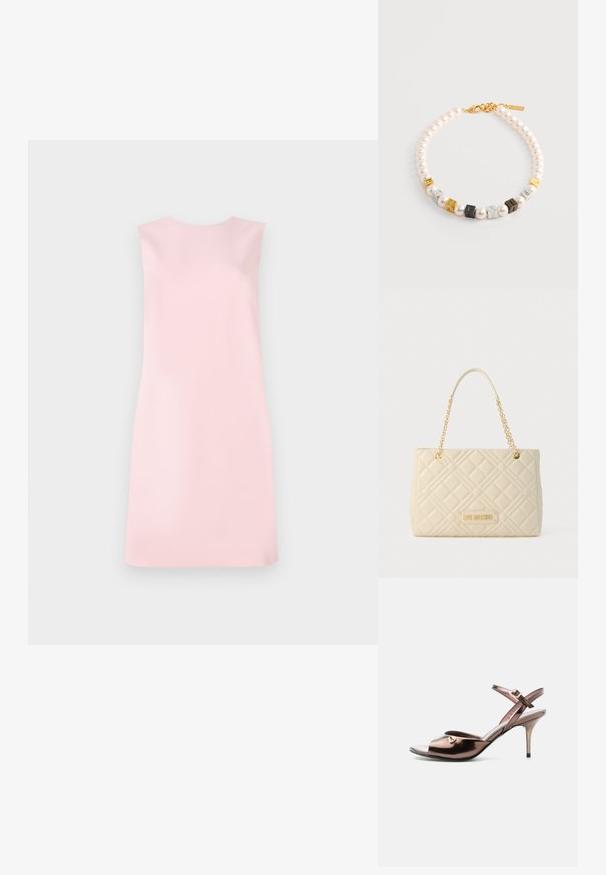 Ærmeløs kjole i blødt pink stof, der har en enkel A-formet pasform, rund halsudskæring og en glat tekstur uden mønstre eller udsmykninger.; Bronze metallic åben tå højhælet sandal med ankelrem og lille guldfarvet hjerteudsmykning på siden.; Beige quiltet håndtaske med guld kæde og læderhåndtag, med "Love Moschino" guld logo plaque foran.; Perlekæde med hvide perler og firkantede metalperler i guld-, sølv-, sort- og gråtoner. Guldlås med brandmærke-detalje.