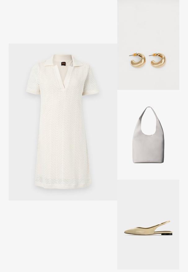 Robe blanche en maille à manches courtes avec col en V et motif ajouré ondulé subtil, longueur genou, style décontracté.; Chaussure plate beige à bout pointu avec bride arrière, petit talon noir et finition en cuir lisse, vue de côté sur un fond uni.; Sac fourre-tout en cuir blanc avec une bandoulière unique, texture douce et logo discret Calvin Klein près du centre en bas.; Deux boucles d'oreilles en forme de cerceau en or brillant, avec un design courbé, présentant des accents orange près de la tige, sur fond blanc uni.