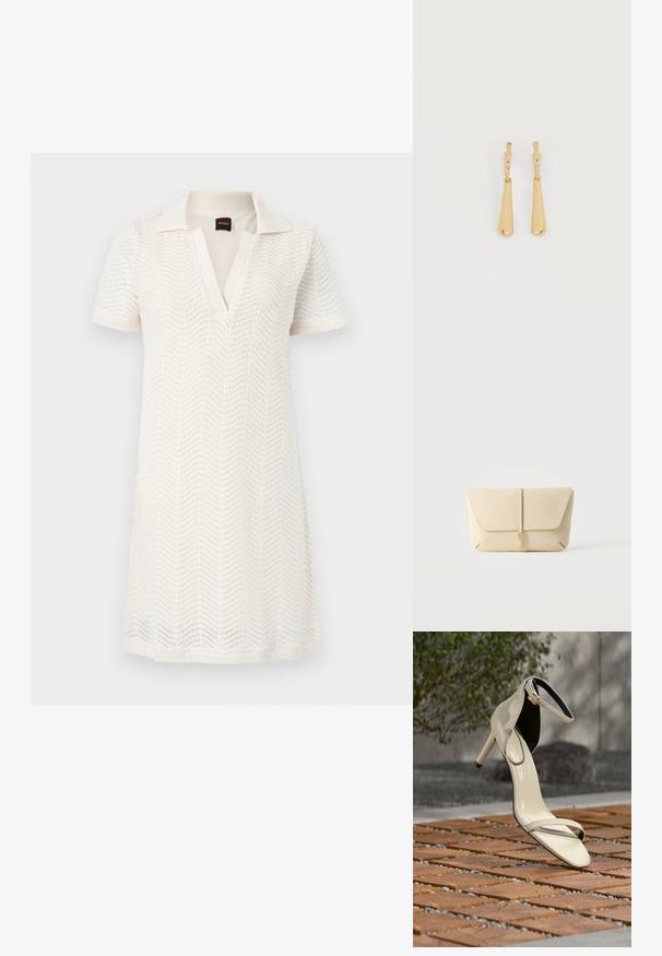 Robe blanche en maille à manches courtes avec col en V et motif ajouré ondulé subtil, longueur genou, style décontracté.; Sandale beige à talons hauts avec bride à la cheville posée sur des lattes en bois en extérieur, avec un arrière-plan flou de verdure et de béton.; Pochette en cuir beige avec rabat avant et fermeture par sangle verticale, sur un fond clair uni.; Boucles d'oreilles pendantes en ton or avec des pendentifs lisses en forme de goutte allongée suspendus à de petites attaches en forme d'anneau sur un fond blanc.