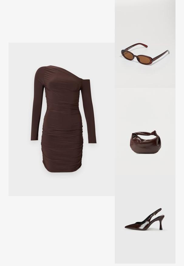 Robe mini marron à une épaule avec fronces, manches longues et silhouette ajustée sur fond uni.; Talons slingback en cuir verni brun avec un bout pointu, un talon fin, et une sangle réglable avec une petite boucle.; Lunettes de soleil rondes teinte brun avec une monture bordeaux brillante. Branches fines avec un détail de marque subtil. Design de verres plats.; Sac bandoulière en cuir marron foncé avec une forme souple et décontractée et une anse nouée torsadée sur un fond blanc uni.