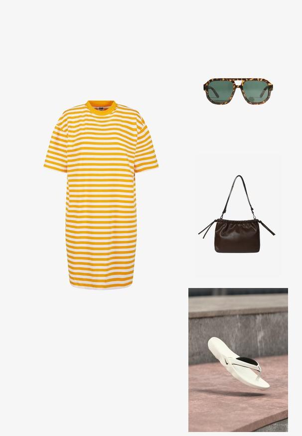 Vestido camisola a rayas con franjas alternas en amarillo y blanco, cuello redondo y mangas cortas, hecho de tela suave.; Chancla blanca de Nike con suela interior negra, en el aire sobre un suelo texturizado rosado y un fondo de piedra gris.; Gafas de sol con lentes verde oscuro y una montura ancha rectangular de carey que presenta un pequeño corte triangular en el puente.; Bolso de hombro de cuero marrón con diseño fruncido, correa ajustable y detalles de borlas. Textura suave con acabado brillante.