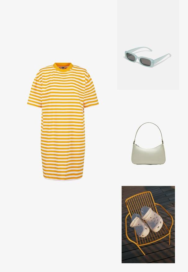 Stripet t-shirt-kjole med skiftende gule og hvide striber, rund halsudskæring og korte ærmer, lavet af blødt stof.; Hvide Crocs træskor har et perforeret design, flade såler og justerbare hælremme, og de står på en gul trådstol mod et trægulv.; Et par rektangulære solbriller med lyseblå gennemsigtige stel og mørkegrå linser, der har lige templer og minimale hardware detaljer.; Hobo taske i lys beige læder med en rund silhuet, slank skulderrem og lynlåslukning øverst. Glat tekstur med minimale accenter.
