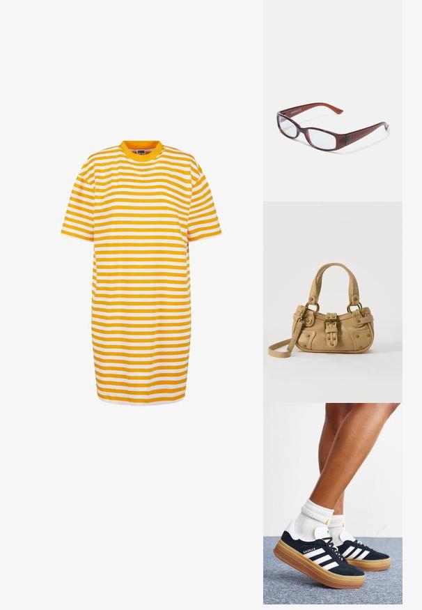 Stripet t-shirt-kjole med skiftende gule og hvide striber, rund halsudskæring og korte ærmer, lavet af blødt stof.; Ben iført hvide sokker og sorte Adidas Gazelle sneakers med hvide striber og tykke brune såler på et gråt tæppe.; Brune-farvede rektangulære briller med en glat overflade, der har slanke arme og gennemsigtige linser. Logoet er synligt på venstre temple.; Beige læderhåndtaske med dobbelte håndtag, messing spænde og nitte detaljer samt en justerbar skulderrem mod en hvid baggrund.