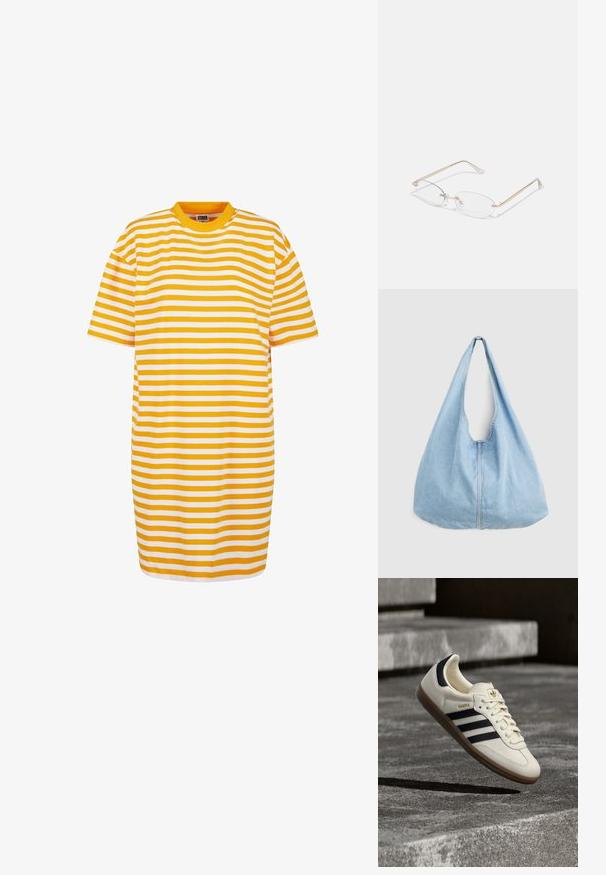Vestido camisola a rayas con franjas alternas en amarillo y blanco, cuello redondo y mangas cortas, hecho de tela suave.; Zapatilla blanca Adidas Samba con franjas negras y suela de goma, flotando sobre escalones de hormigón gris texturizado.; Gafas de metal dorado con lentes ovalados, brazos delgados y almohadillas nasales transparentes. Presentan sutiles acentos en las bisagras y lentes transparentes.; Bolso de hombro de mezclilla azul claro con una correa ancha y costura central visible, presentado sobre un fondo liso de color gris claro.