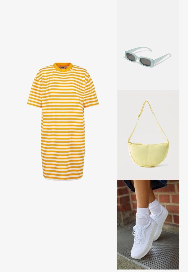Vestido camisola a rayas con franjas alternas en amarillo y blanco, cuello redondo y mangas cortas, hecho de tela suave.; Zapatillas de lona blancas con suelas de goma, que presentan seis ojales, puntera redonda y detalles de costura ligera, combinadas con calcetines blancos hasta el tobillo.; Un par de gafas de sol rectangulares con montura translucida azul clara y lentes gris oscuro, que cuentan con patillas rectas y detalles de hardware mínimos.; Bolso de hombro en forma de media luna de color amarillo suave con correa ajustable y cierre de cremallera en la parte superior sobre un fondo claro y liso.
