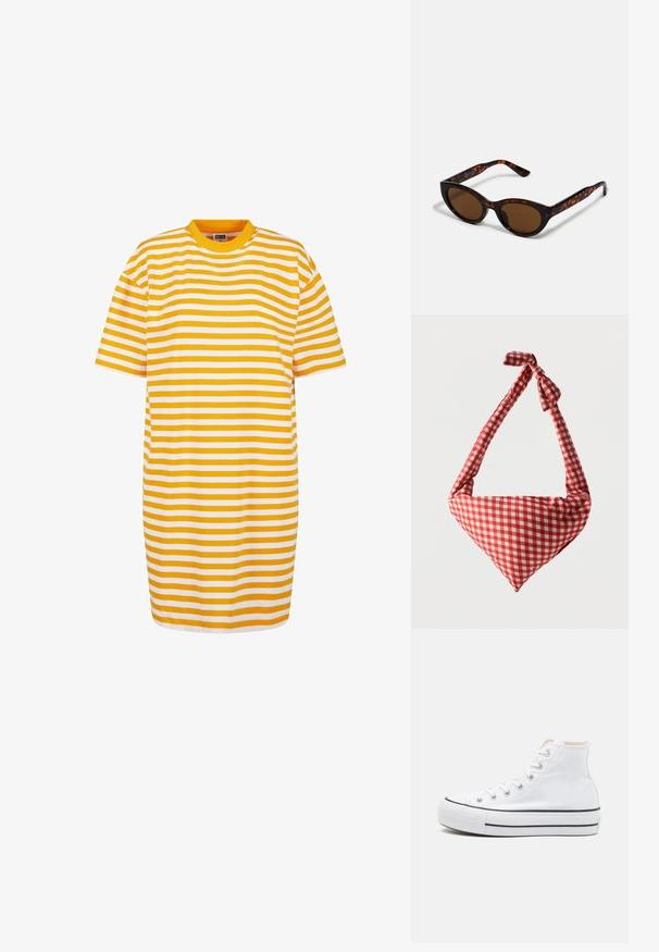 Vestido camisola a rayas con franjas alternas en amarillo y blanco, cuello redondo y mangas cortas, hecho de tela suave.; Zapatillas altas blancas de material de lienzo, con suela de goma negra y una franja negra en el mediopie. Punta circular y diseño de cordones.; Gafas de sol de carey marrón con una forma vintage de ojo de gato y lentes marrones. Presentan brazos curvados con acentos rojos.; Bolso de tela suave para el hombro con patrón de cuadros rojos y blancos, asa con nudo y forma triangular sobre un fondo liso.