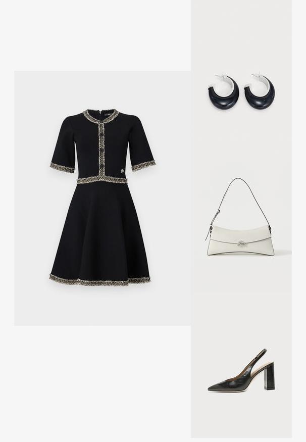Sort kjole med korte ærmer, rund halsudskæring, tekstureret kant og knapdetaljer. A-linje silhuet med kontrasterende blomsterdetaljer i kanterne.; Sort læder peep-toe slingback sko med høj blokhæl og beige indvendig foring mod en ensfarvet lys baggrund.; Hvid skuldertaske i læder med buet klap, sort kant, justerbar rem og sølv dekorativ spænde på ensfarvet baggrund.; Sorte harpiks hoops øreringe med en skinnende overflade og silvertone hardware detaljer. Cirkulær form med en udskæring og stift-bagside lukning.