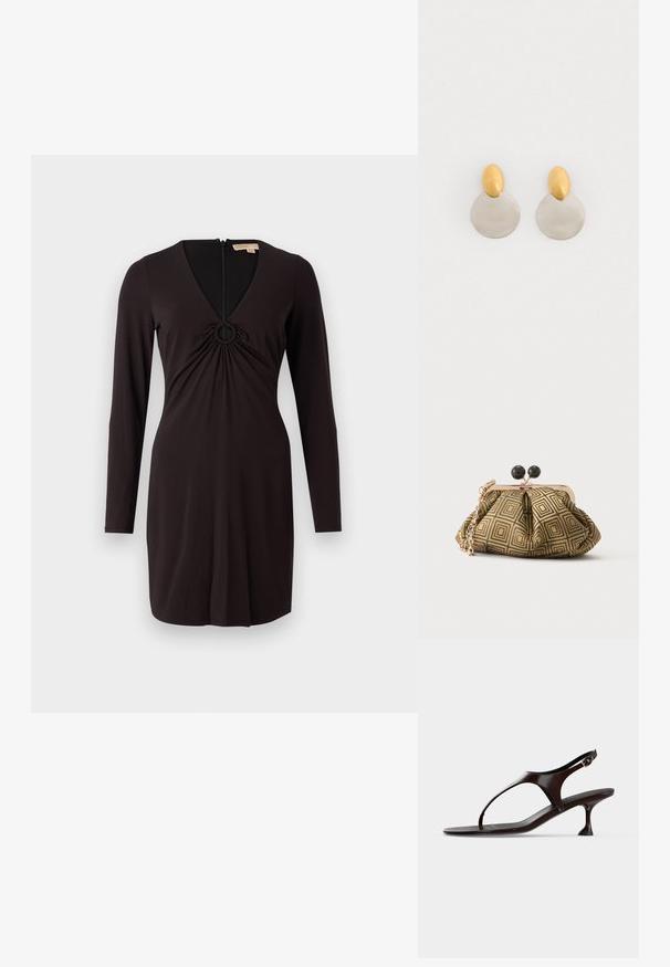 Zwarte jurk met lange mouwen, een diepe V-hals en een ronde accent in het midden. Gemaakt van een soepele stof met een getailleerd silhouet en een rits aan de achterkant.; Donkerbruine lakleren slingbacksandaal met kittenheel en teenbandje op witte achtergrond.; Kleine clutch tas met goud-zwart geometrisch patroon, goudkleurig metalen frame, zwarte bolsluiting en een korte gouden kettingband.; Gouden en zilveren metalen oorbellen met een ronde schijfbasis en een ovale bovenstuk, gladde textuur en gepolijste afwerking.