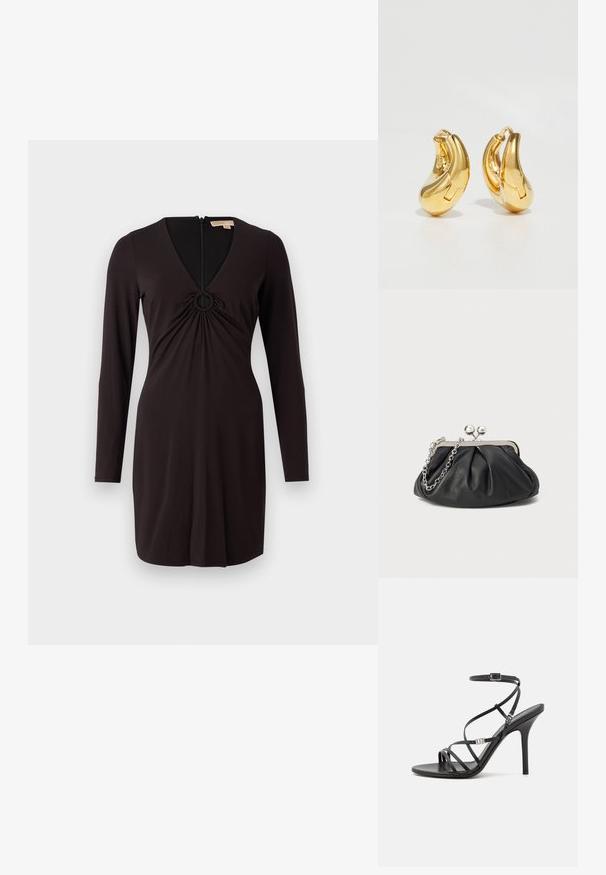 Schwarzes langärmliges Kleid mit tiefem V-Ausschnitt und einem runden Akzent in der Mitte. Hergestellt aus glattem Stoff mit einer taillierten Silhouette und einem Reißverschluss hinten.; Schwarze High-Heel-Sandale mit dünnen Riemen, einem Knöchelverschluss, einer glatten Lederoberfläche und einem schlanken Stiletto-Absatz.; Schwarze Leder-Clutch mit geraffter Textur, silberfarbener Metallrahmen, Druckverschluss und Kettenriemen. Glatte, weiche Oberfläche.; Goldene Creolen mit einer glatten, geschwungenen Form und polierter Oberfläche. Mit einem Verschlussmechanismus und leichten Einkerbungen für Details.