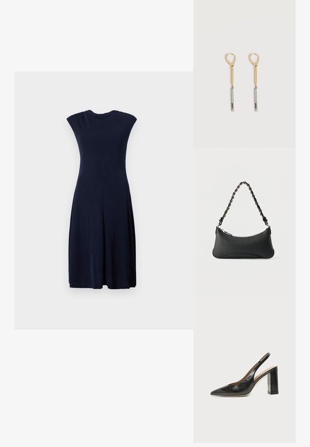 Marineblå ærmeløs kjole lavet af blødt stof, med en tætsiddende overdel og en flagrende nederdel, med subtile sømdetaljer under brystet.; Sort læder peep-toe slingback sko med høj blokhæl og beige indvendig foring mod en ensfarvet lys baggrund.; Sort skuldertaske i læder med en buet rektangulær form, gyldent kæde vævet ind i en flettet sort rem og toplynlås.; Guld- og sølvdråbeørenringe med lås med lukkeclips, med en guldbjælke forbundet til en sølvbjælke med indgraveret "DKNY" på en hvid baggrund.